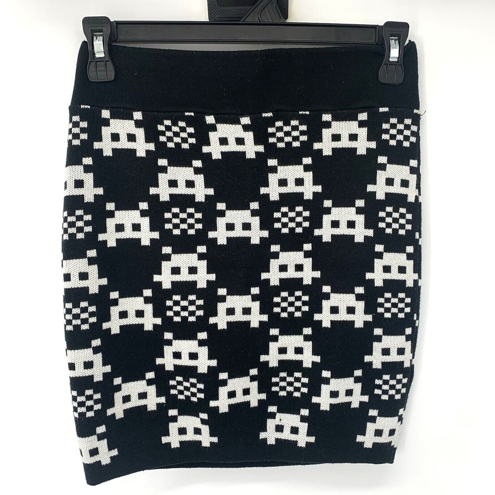 Nameless Mini Skirt Women Medium Black Space Invaders Pixel Knit Bodycon Retro